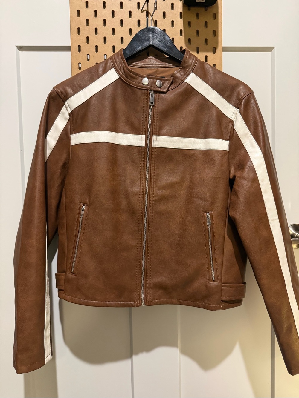 Women's Brown Leather Racer Stripe Jacket - Cream Accent - Picture 2 of 5